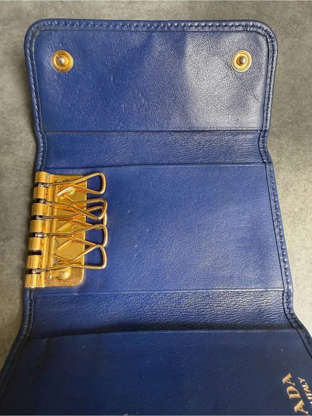 Prada Soft Calf Leather Key Holder Wallet in Blue with Gold Hardware